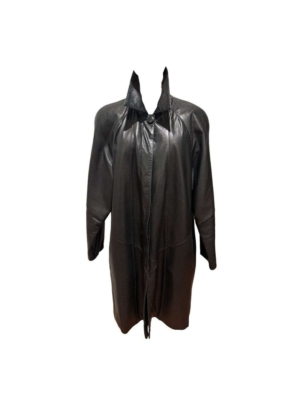 80s COLDWATER CREEK SOFT LEATHER BLACK CONCEALED BUTTON STOLLER COAT SZ XL - Picture 3 of 10